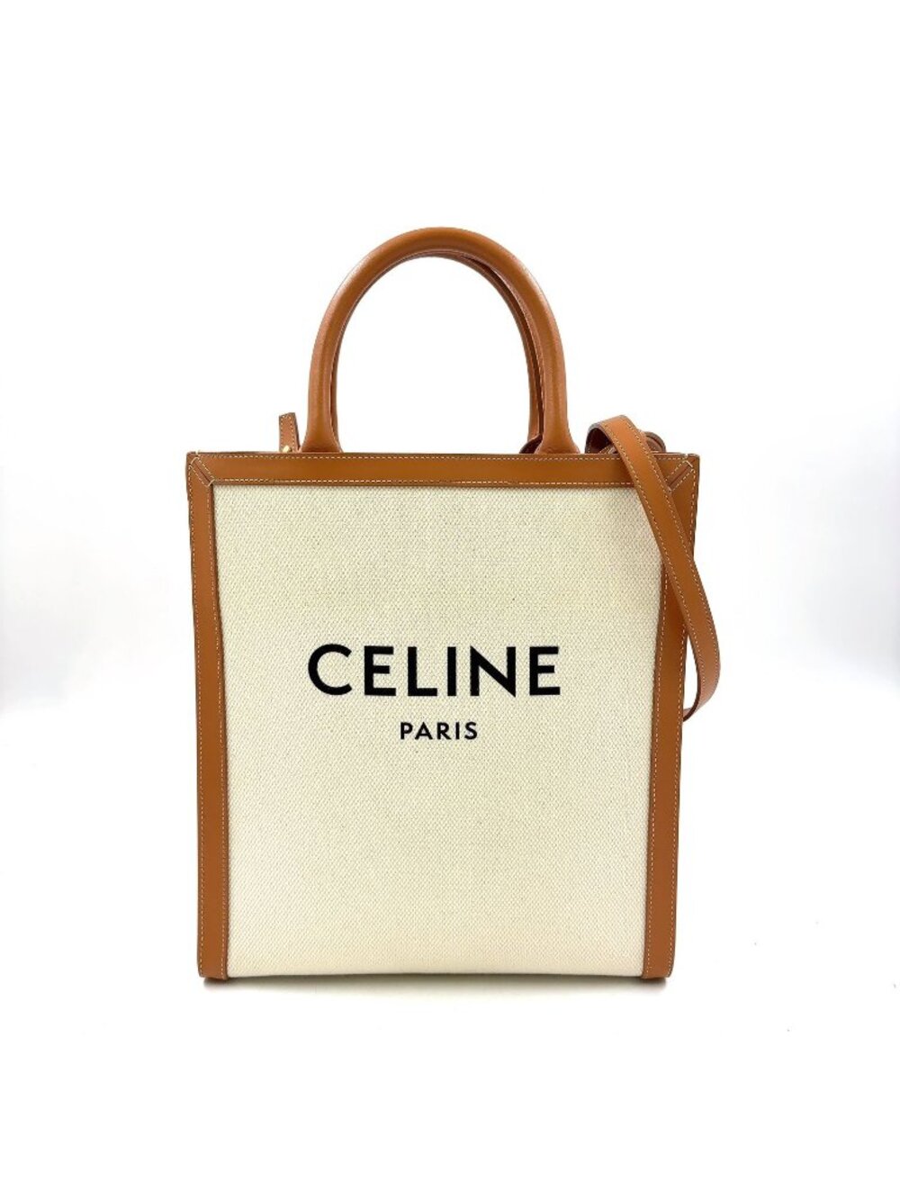 Celine Vertical Cabas 2-Way Shoulder Bag Leather Canvas Brown Beige Tote Gold